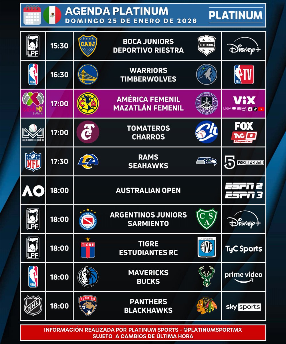 ¡GRAN DOMINGO!

🇲🇽 #AgendaPLATINUM
🗓️ Domingo 25 de Enero de 2026

⏰📺 Horarios y transmisiones para México.
⚠️ Sujeto a cambios.