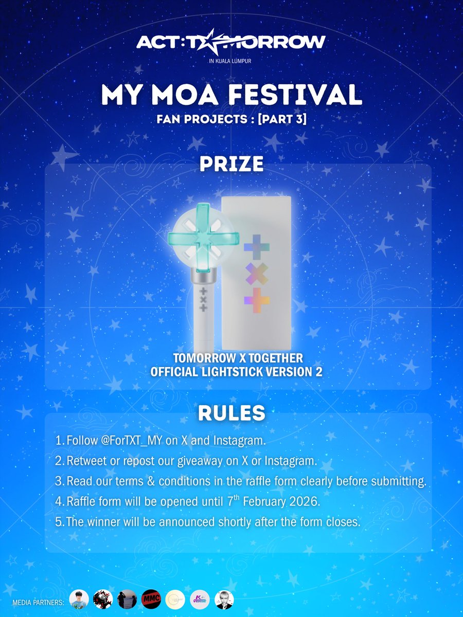 ForTXT_MY's tweet image. #SongOfMYStars ᯓ★ [PART 3] 
MY MOA Festival ⋆✴︎˚｡

TXT Official Lightstick Version 2 Giveaway — 🌟

Follow all rules and fill out the raffle form to stand a chance in winning a TXT Lightstick! 

Raffle application period: 25/01 ~ 07/02
🔗 is attached ⬇️

Good luck MOAs! ✨