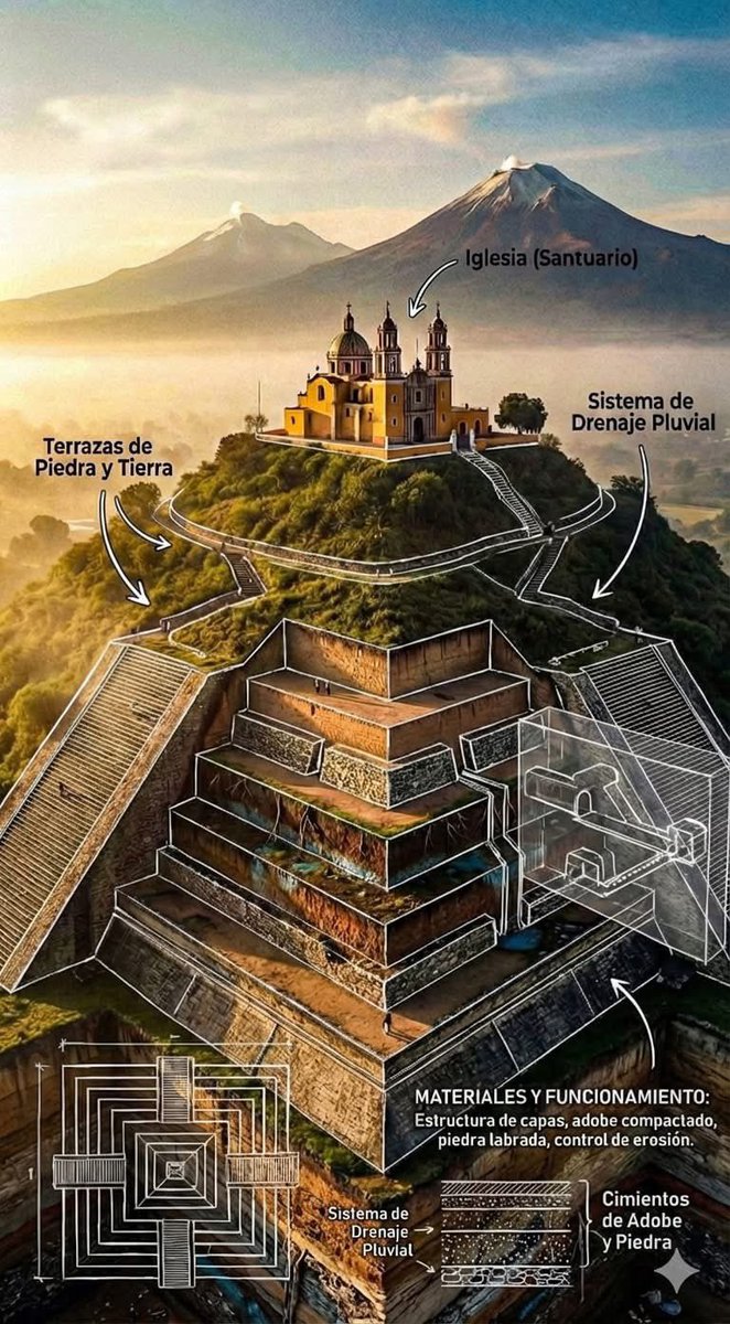Ni Egipto. ❌
Ni Sudán. ❌

La pirámide con la base más grande del mundo está en México y la mayoría de la gente pasa encima de ella sin saberlo. 🇲🇽⛰️

Se trata de la Gran Pirámide de Cholula, en Puebla. Es tan masiva que durante siglos se pensó que era una montaña natural, tanto