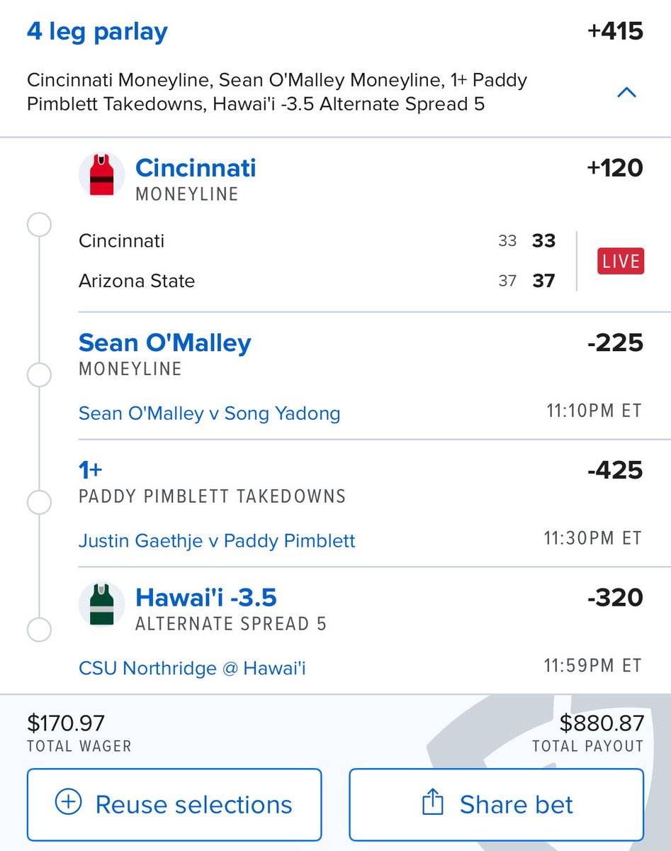 Parlay:

UC comeback is free with lessening turnovers 2H

Sean O’Malley HAS to win after B2B L’s and this card is rigged, so that seems free

Paddy needs to take fight to the ground to win

Hawaii by murder, so -3.5 to walk off slip easily

1.7U ➡️ 8.8U

#CBB #UFC324 #GamblingX