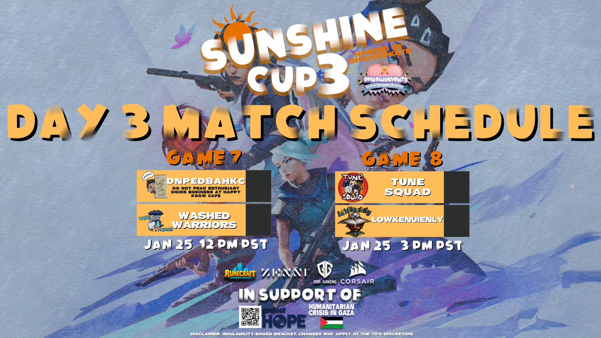 ☀️Day 3 of Sunshine Cup is happening now! Make sure to tune in! Last day of Weekend 1☀️

💛Watch live: twitch.tv/ohgawdkate

✨Game 1 - DNPEDBAHKC vs WASHED WARRIORS (12 PM PST)
✨Game 2 - TUNE SQUAD (The returning champions!🏆) vs LOWKENUIENLY (3pm pst)

🌟Tournament Dates: