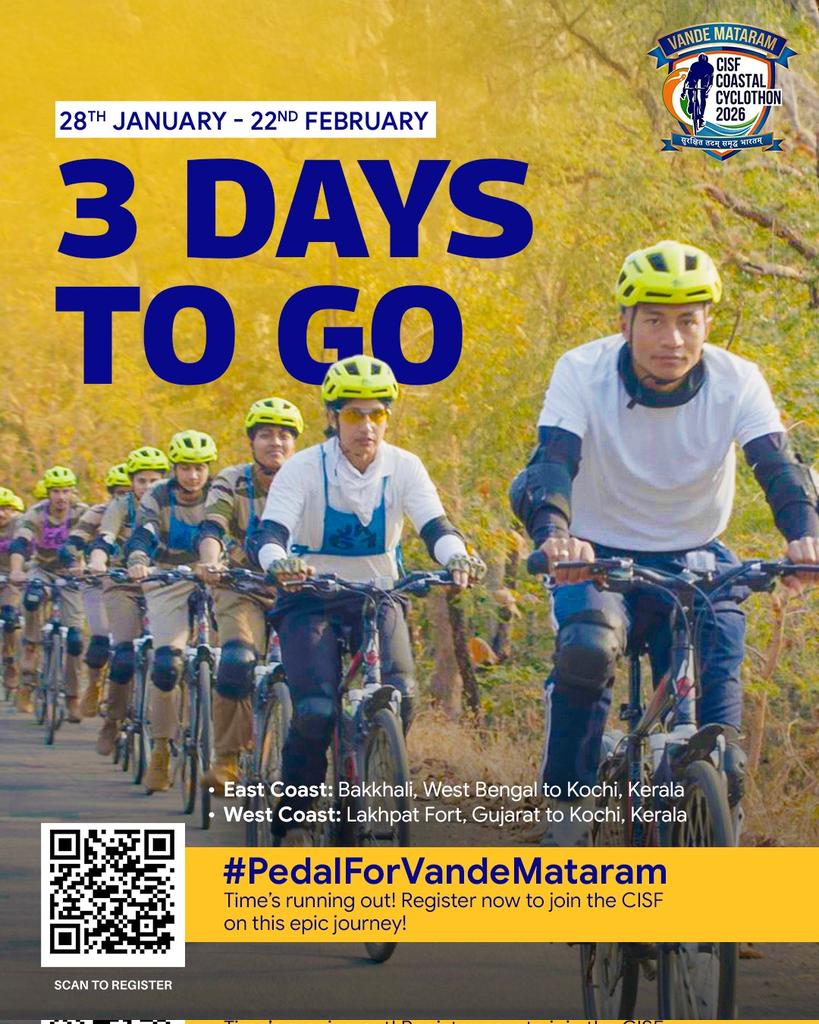 CISFHQrs's tweet photo. And the countdown begins… Get your gear ready and pedals pumped. The Vande Mataram CISF Coastal Cyclothon 2026 is just 3 days away!

Are you ready for the action?
Register at: https://t.co/CfQBeS4cno
#PedalForVandeMataram #CISFCoastalCyclothon #CISF https://t.co/dYJx7xH954
