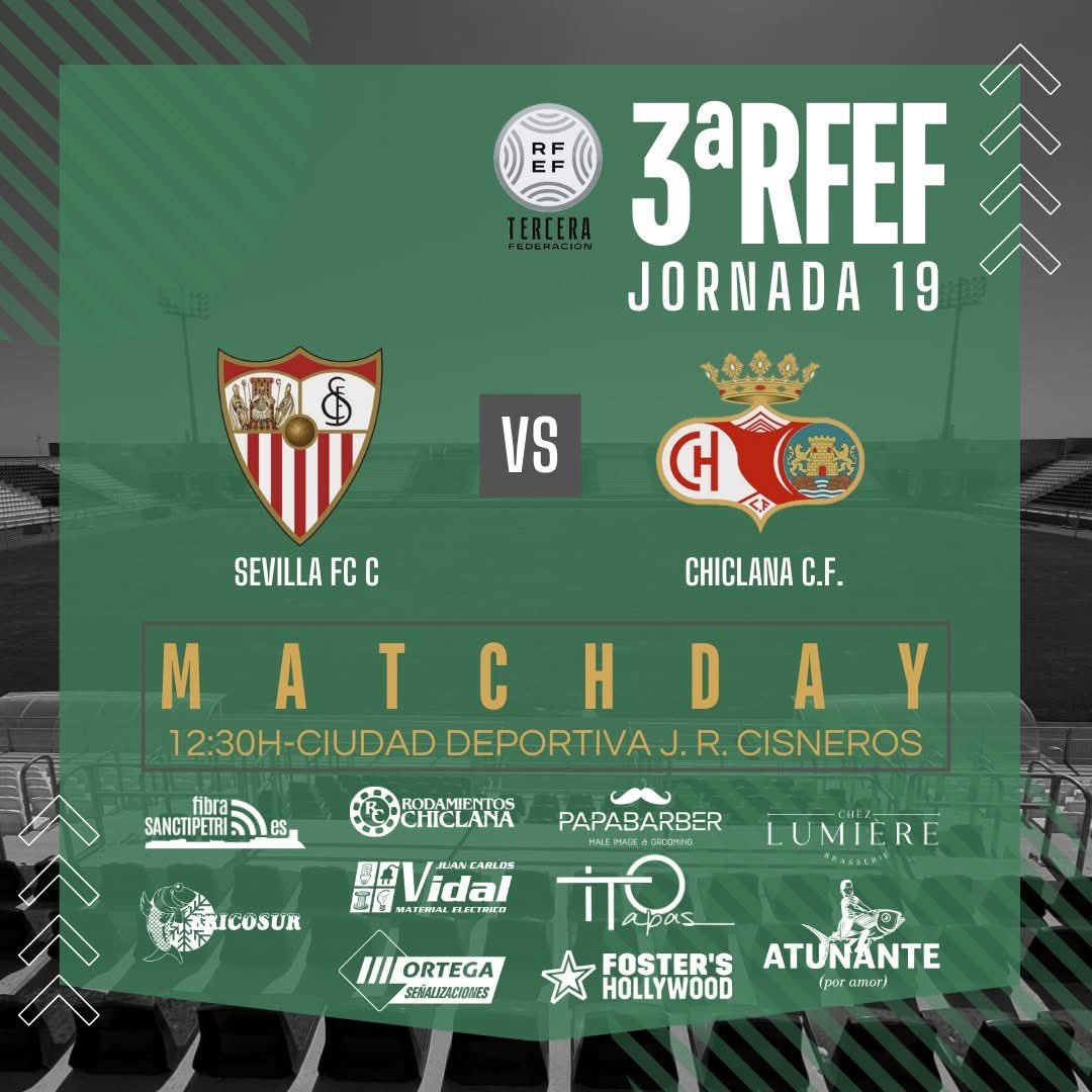 ⚽️ #SevillaFCC 🆚 #ChiclanaCF
🏆 #3aRFEF - J19

⏰ 12:30h
🏟️ Ciudad Deportiva José Ramón Cisneros.

¡Tres puntos para resarcirse de la derrota!¡Tres puntos para soñar!

#ChiclanaCF #SevillaCChiclana #LosSueñosSeViven