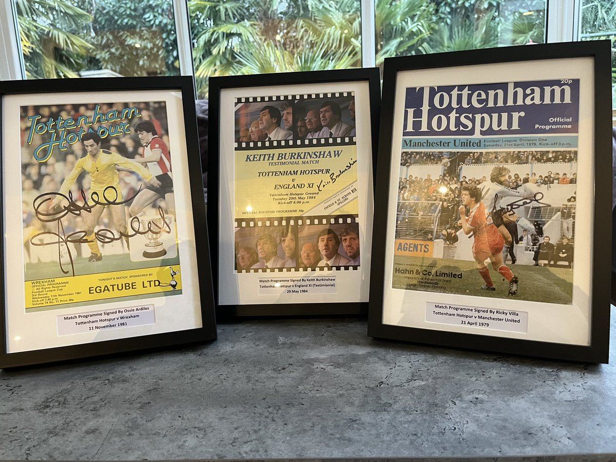 No1THFCProgs's tweet photo. Just 3 of the many signed and framed Tottenham programmes available for £30 each plus £6 UK tracked postage - all proceeds donated to @Legend_on_Bench. With 80 Tottenham players/managers signing programmes I have 100’s of options available if interested. Send me a DM 👍🏻 https://t.co/VJwkzkKLaq