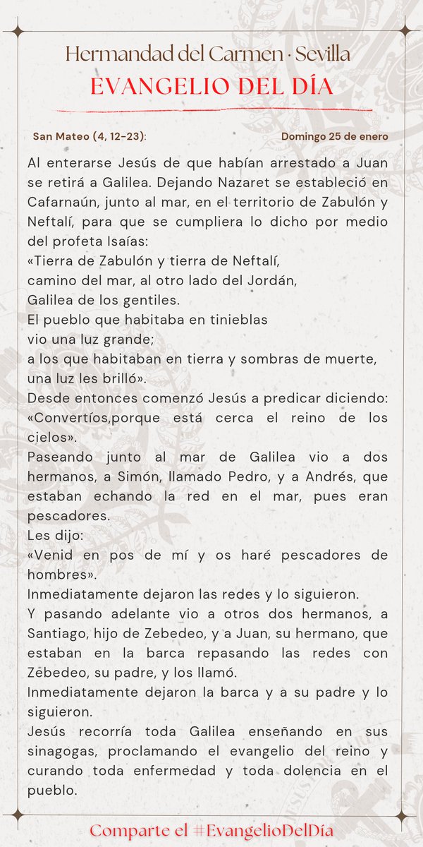 #EvangelioDelDía | 📖 San Mateo (4, 12-23): Gloria a ti, Señor Jesús.