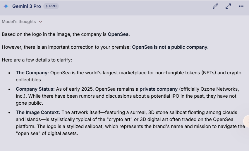 eth00012's tweet photo. 2-1
❌ Gemini 2.5 Flash Lite: This image does not appear to be the official logo of any well-known public company.

✅ Gemini 3 Pro :The company is OpenSea.OpenSea is not a public company. https://t.co/2we8D4CjiQ
