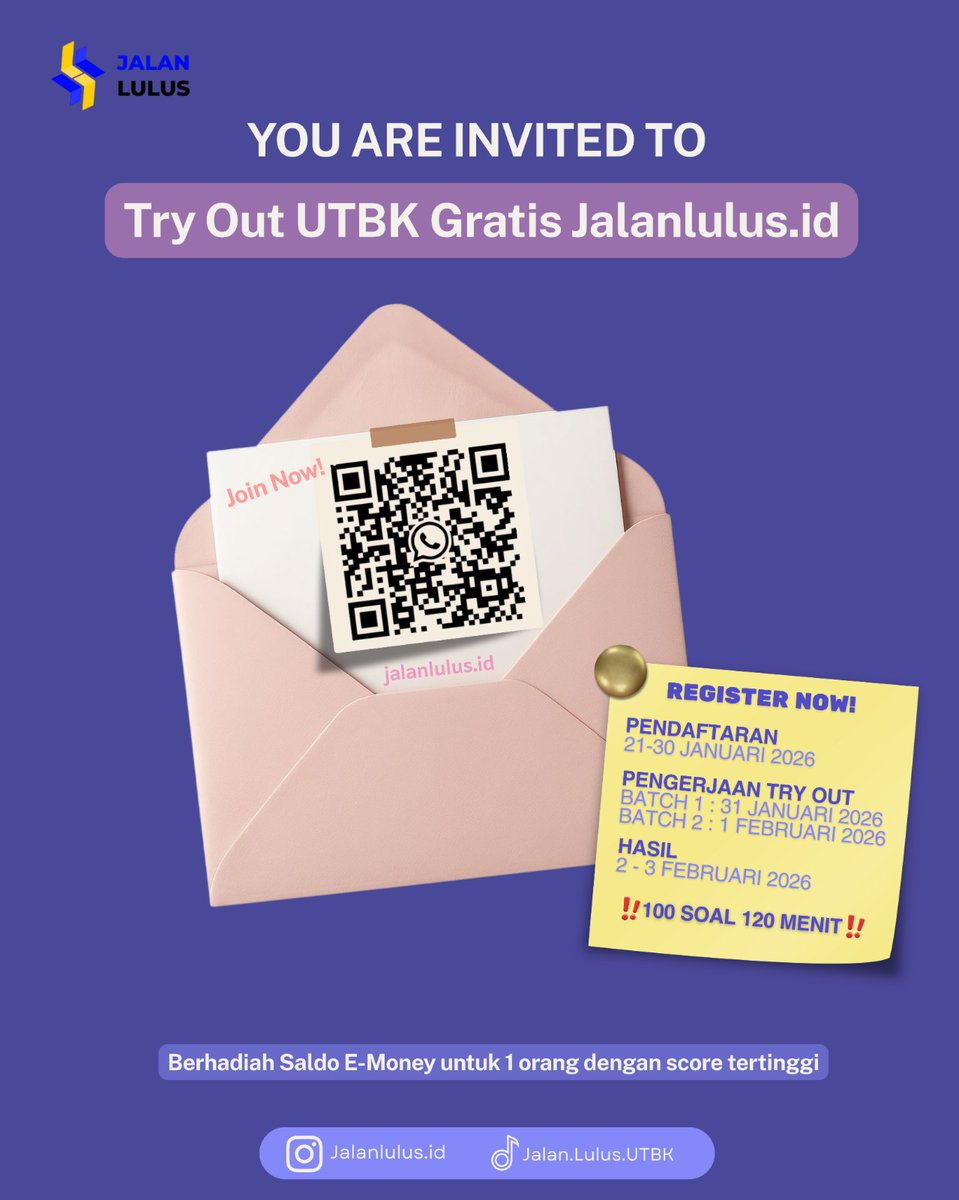 Studtyong's tweet photo. 📣 TRY OUT GRATIS UTBK dari JalanLulus hadir buat kamu yang pengen serius tembus PTN impian!
🎁 Spesial Hadiah untuk 1 Orang dengan Skor TERTINGGI!
👉 Yuk daftar sekarang!
Form Pendaftaran : https://t.co/C3Czt026mz

#TryOutGratis #PejuangUTBK #UTBK2026 https://t.co/p7VTVzCLGJ
