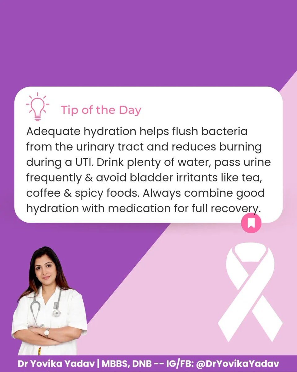 DrYovikaYadav's tweet photo. Staying well-hydrated helps flush bacteria, reduces burning, and supports faster recovery during a UTI. Urinate frequently, avoid bladder irritants, and always pair hydration with doctor-prescribed treatment for complete healing.
#DrYovikaYadav #UTIHealth #WomensHealthCare https://t.co/vQNqNXmJzx