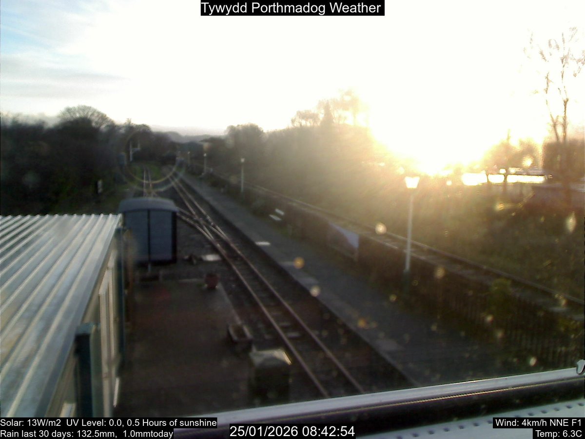 PortWeather's tweet image. From the #Porthmadog Weather Station: Wind 4km/h NE. Gust 17km/h. Pres. 991.4mb Rising. Temp. 6.7C. Rain Today 1.0mm. Humid. 78%. Sun 0.9 Hours. UV Level 0.0. Sun:09:00