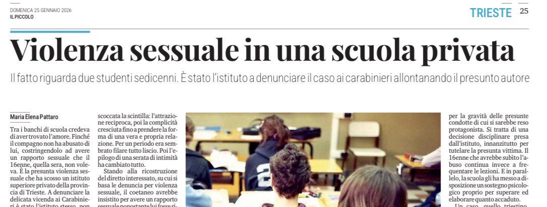 Trieste, un 16enne straniero è stato denunciato per violenza sessuale ai danni di un coetaneo.