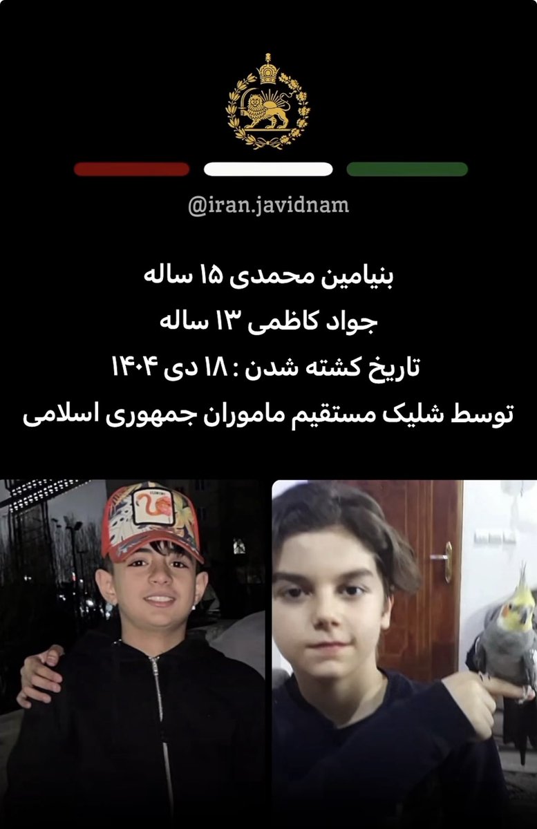 mln_eia's tweet photo. Benyamin Mohammadi, 15.
Javad Kazemi, 13.
Killed on 18 Dey 1404. Two children. Two stolen lives.
The world must not normalize this. Accountability now.
#IranRevolution2026 #ItsARevolution #FreeIran #IranMassacre #DigitalBlackoutIran https://t.co/Z2dPNeAxeJ