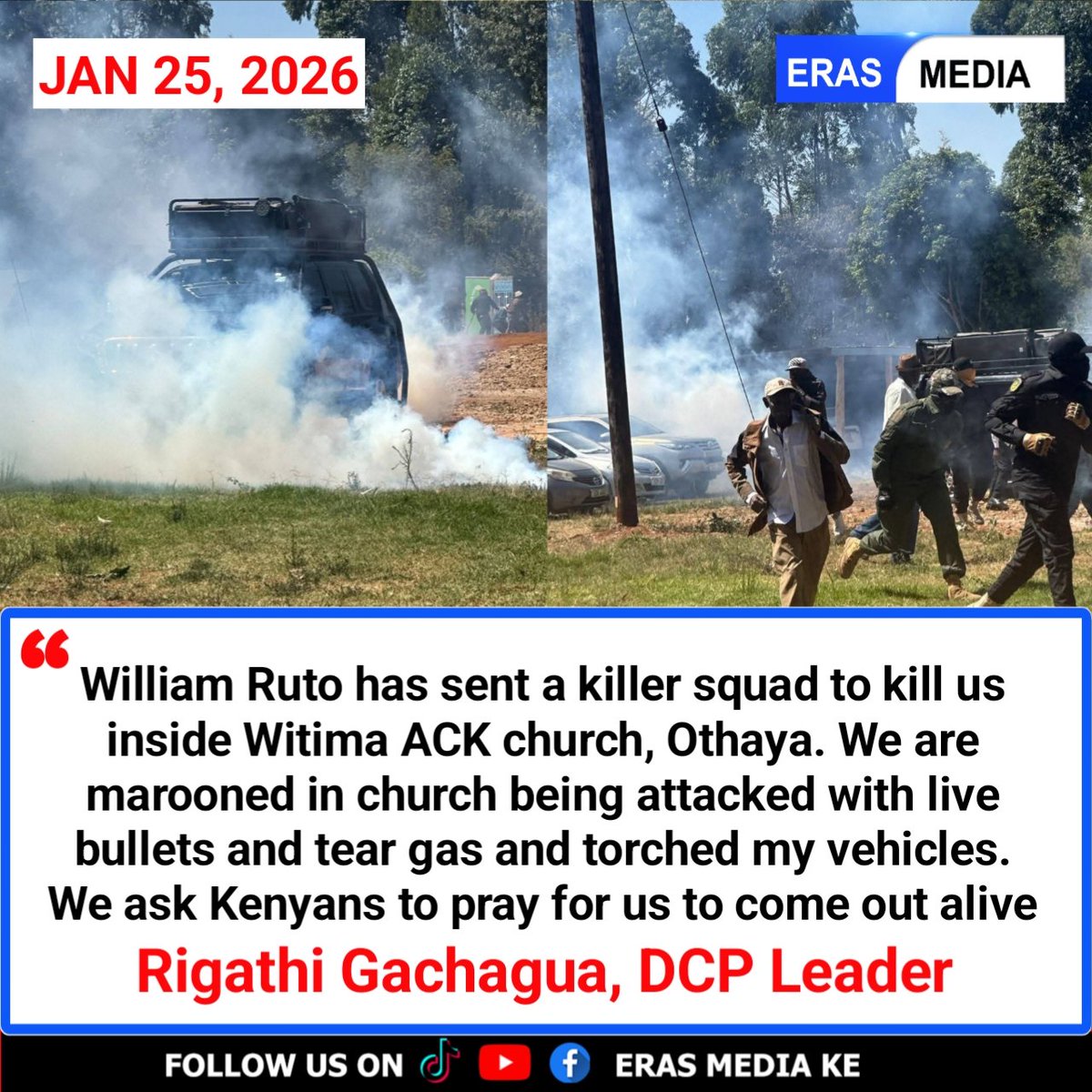 Rigathi Gachagua: William Ruto has sent a killer squad to kill us inside Witima ACK church, Othaya. We are marooned in church being attacked with live bullets and tear gas and torched my vehicles. We ask Kenyans to pray for us to come out alive