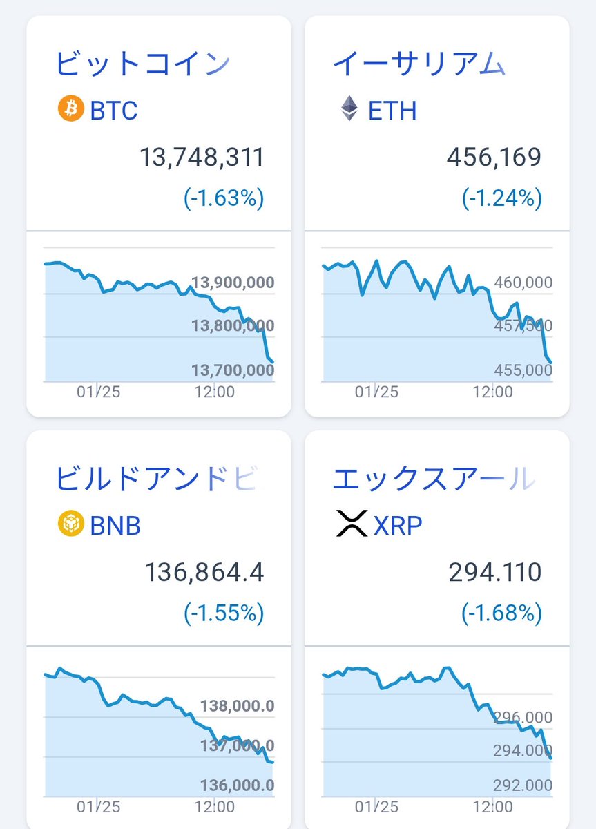 BTC ビットコイン、他主要アルト さらに下落 やはり、2026年は5.6万ドルまでの下落予想は本物！？