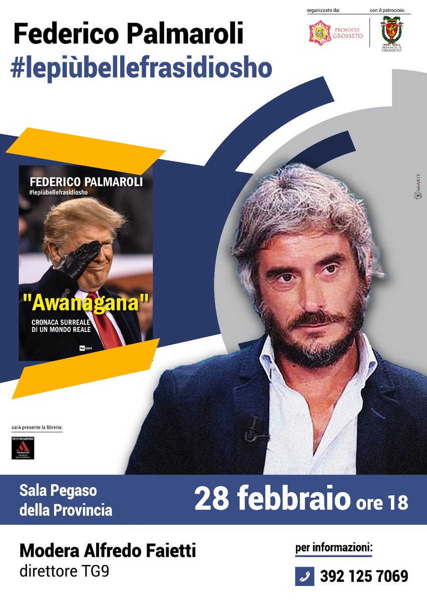 ProlocoGrosseto's tweet photo. Federico Palmaroli presenta: “AWANAGANA” #lepiùbellefrasidiosho
📅 Venerdì 28 febbraio🕕 Ore 18.00
📍 Sala Pegaso – Provincia di Grosseto
🎤 Modera: Alfredo Faetti, direttore TG9
📞 Info: 392 125 7069 https://t.co/lSesCcT1Oq