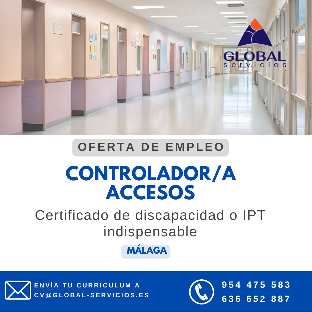 GlobalServ15's tweet photo. Buscamos una persona con discapacidad para control de accesos.

Un trabajo estable, con turnos rotativos y un equipo que acompaña desde el primer día.

💼 32,5 h | 💶 1.166 € brutos/mes
📍Málaga

Envíanos tu CV a cv@global-servicios.es o contáctanos en 954 475 583.

@SAEmpleo https://t.co/6QAdiTJSHg