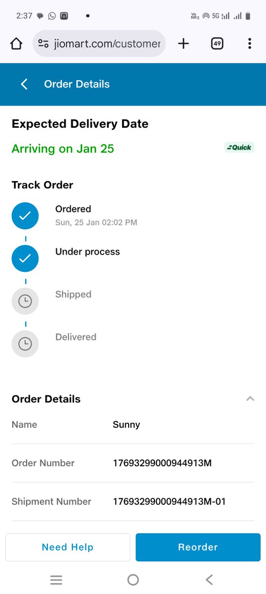 sunnylifekumar's tweet photo. @JioMart @JioMart_Support 
Order id 17693299000944913M still not shipped despite of 30 minutes delivery.

Yesterday same think happens. Totally waste of time. Very bad service.

Chat agent is also not doing their duty. @_MukeshAmbani @ambani https://t.co/aKGFeWtIRt