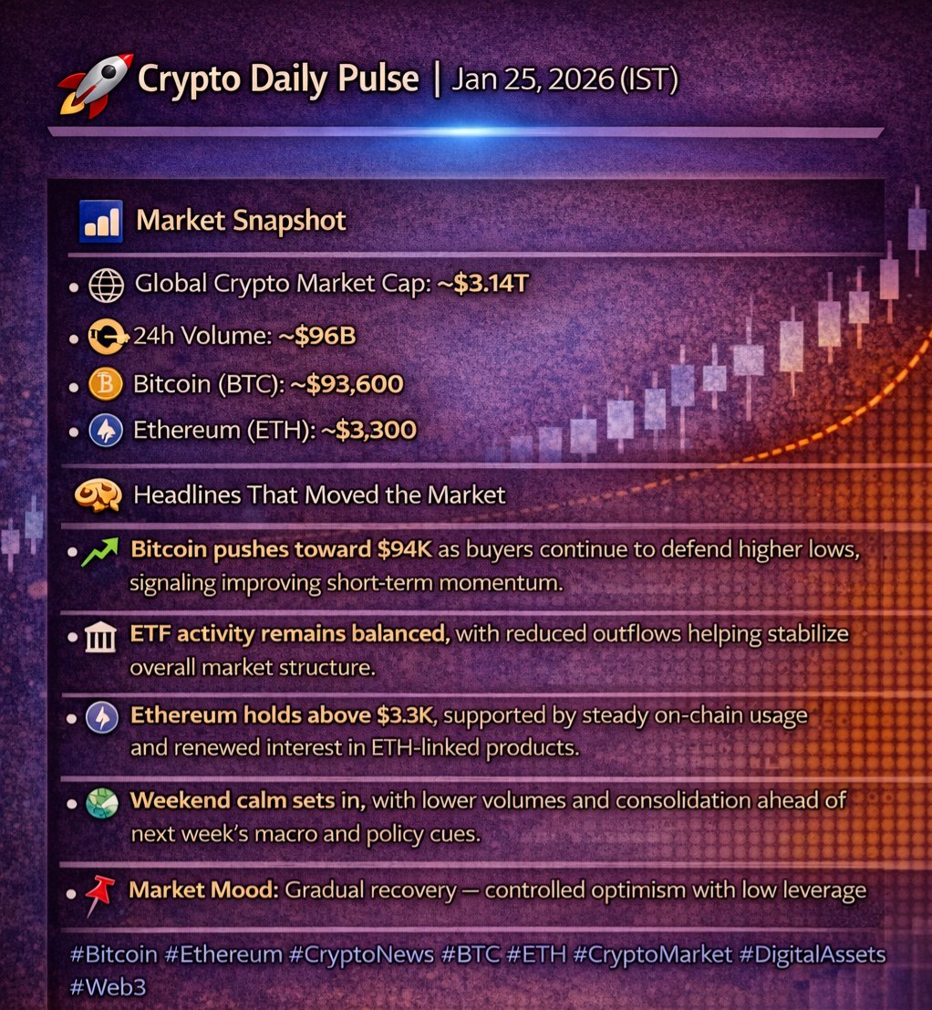 🚀 Crypto Daily Pulse | Jan 25, 2026 (IST) 📊 Market Snapshot 🌐 Global Crypto  Market Cap: ~$3.14T 💱 24h Volume: ~$96B ₿ Bitcoin (BTC): ~$93,600 ⚙️  Ethereum (ETH): ~$3,300 🗞 Headlines