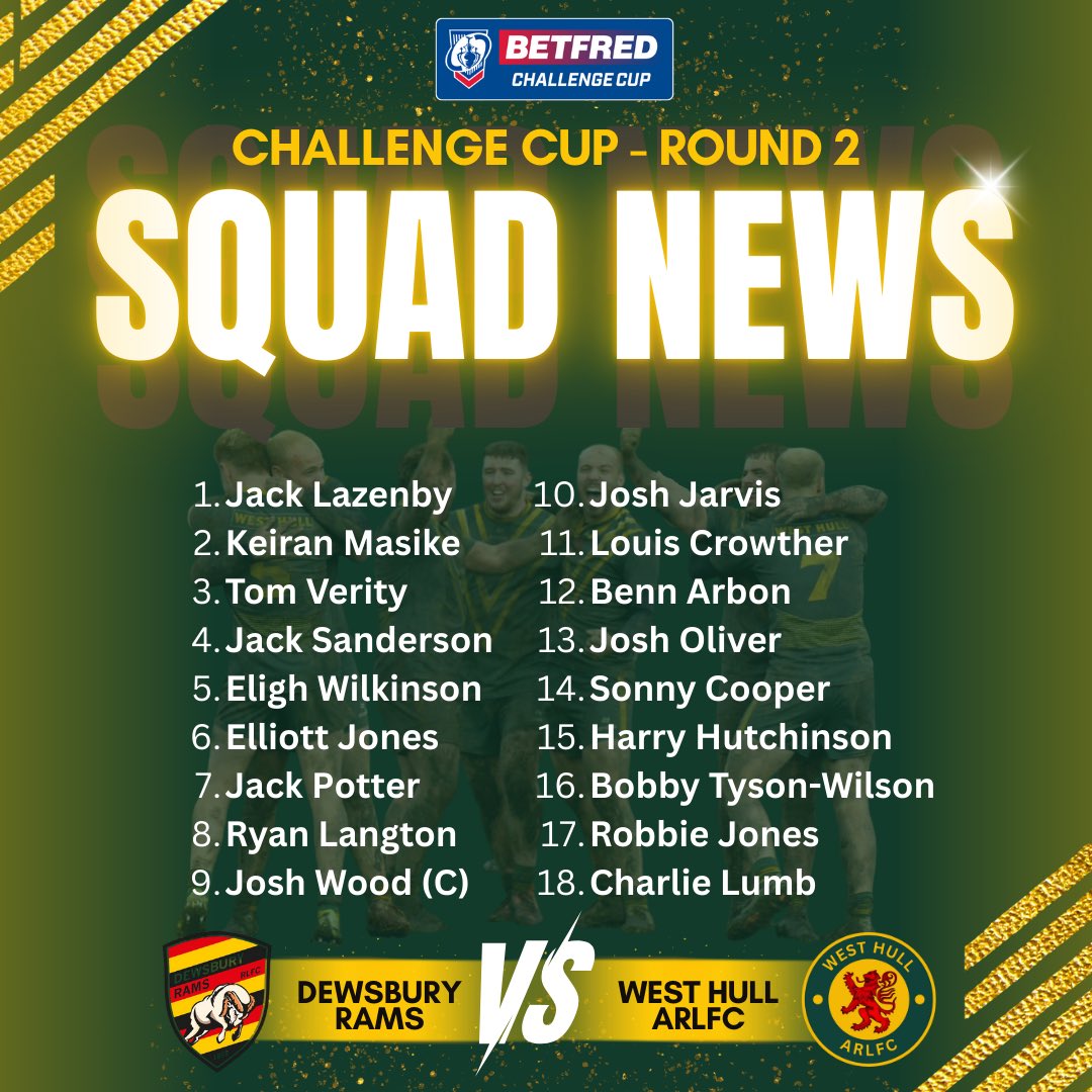 GAME DAY….Let’s goooo.

🏆 Challenge Cup – Round 2 🏆
Dewsbury Rams 🆚 West Hull
📅 Sunday 25th January
📍 Flair Stadium
⏰ Kick-off: 2pm (Gates open at 1pm)

💷 Adults: £15 | U18s: FREE
🚗 Parking: £4 (Cash only on entry)

🎙️ Live commentary:
👉 hwdhospitalradio.com