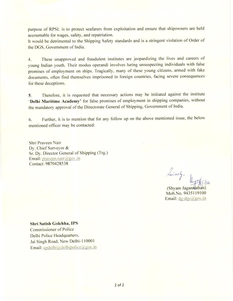 seaandcoast1's tweet photo. BREAKING NEWS | MARITIME FRAUD EXPOSED 🚨 [ Sea And Coast Exclusive]
 @CPDelhi @dgshipping_IN @PIBHomeAffairs @CrimeBranchDP
DG SHIPPING CRACKS DOWN ON FAKE MARITIME INSTITUTE IN DELHI
@DCPSouthDelhi @shipmin_india.
In a serious crackdown on maritime fraud, the Directorate General of Shipping (DGS), Government of India, has officially flagged “Delhi Maritime Academy, Kalkaji (NDIIIT Campus)” as an ILLEGAL and UNAUTHORISED training institute falsely claiming DG Shipping approval.

● NO DG SHIPPING RECOGNITION
● FALSE JOB & PLACEMENT PROMISES
● ILLEGAL COLLECTION OF TRAINING FEES
● DIRECT VIOLATION OF MERCHANT SHIPPING ACT & RPSL RULES

 According to official communication, the institute has been misguiding and financially exploiting innocent maritime aspirants, posing a direct threat to seafarer safety and India’s international maritime credibility.

🚔 DG Shipping has formally requested Delhi Police to initiate immediate legal action, warning that such fraudulent academies have previously pushed Indian youth abroad on fake certificates—often ending in detention, imprisonment, and ruined careers.

⚖️ This is not an isolated scam. This is organised maritime exploitation.
⚓ Sea and Coast stands firm with DG Shipping’s ZERO-TOLERANCE stance against fake maritime operators.

📢 Public Advisory by Sea and Coast:
Always verify DG Shipping approval before enrolling.
No approval = No future at sea.
The issue was raised by the Sailors’ Union of India, prompting official action by the Directorate General of Shipping.
🛑 Sea and Coast
Defending Seafarers. Defending the Sea.