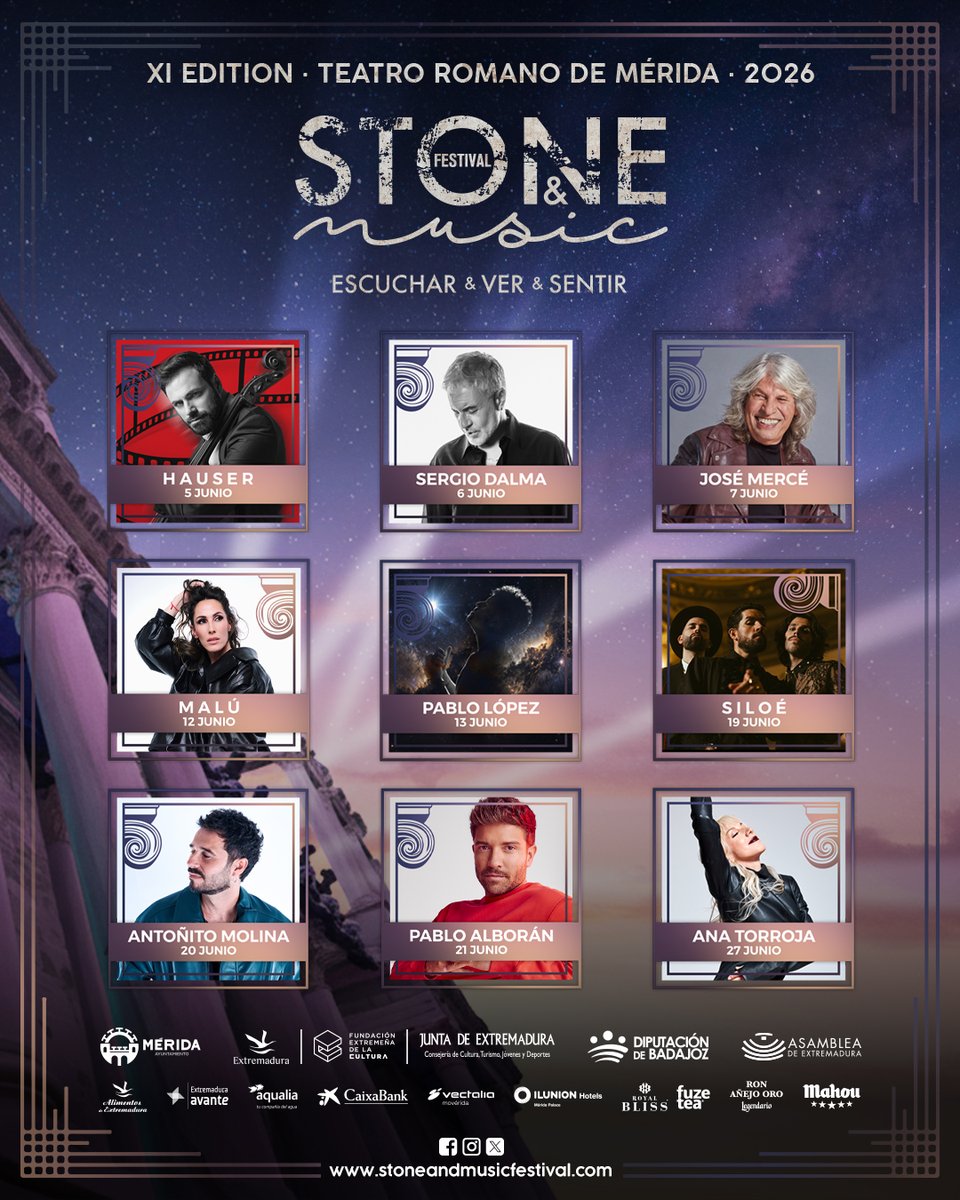 Artistas confirmados hasta la fecha en Stone&amp;Music 2026.

📍5 junio | HAUSER
📍6 junio | Sergio Dalma
📍7 junio | José Mercé
📍12 junio | Malú
📍13 junio | Pablo López
📍19 junio | Siloé
📍20 junio | Antoñito Molina
📍21 junio | Pablo Alborán
📍27 junio | Ana Torroja