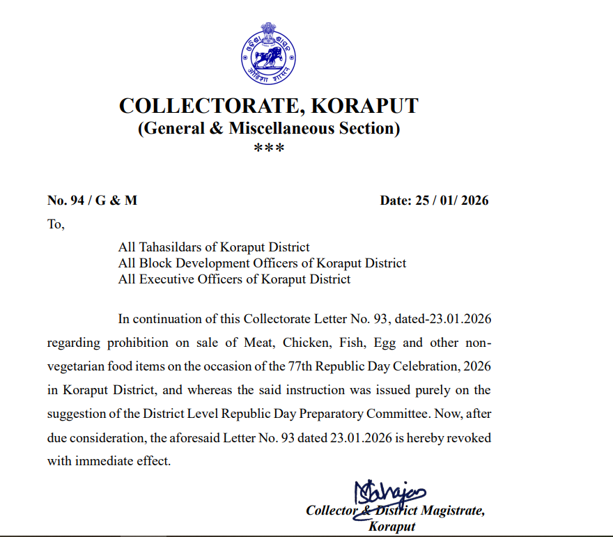 The arbitrary and unconstitutional order has now been rescinded. Constitutional freedoms cannot be suspended at will especially in a diverse, tribal district like #Koraput. Republic Day is about liberty, not coercion. Jai Johar, Jai Koraput, Jai Hind 🙏