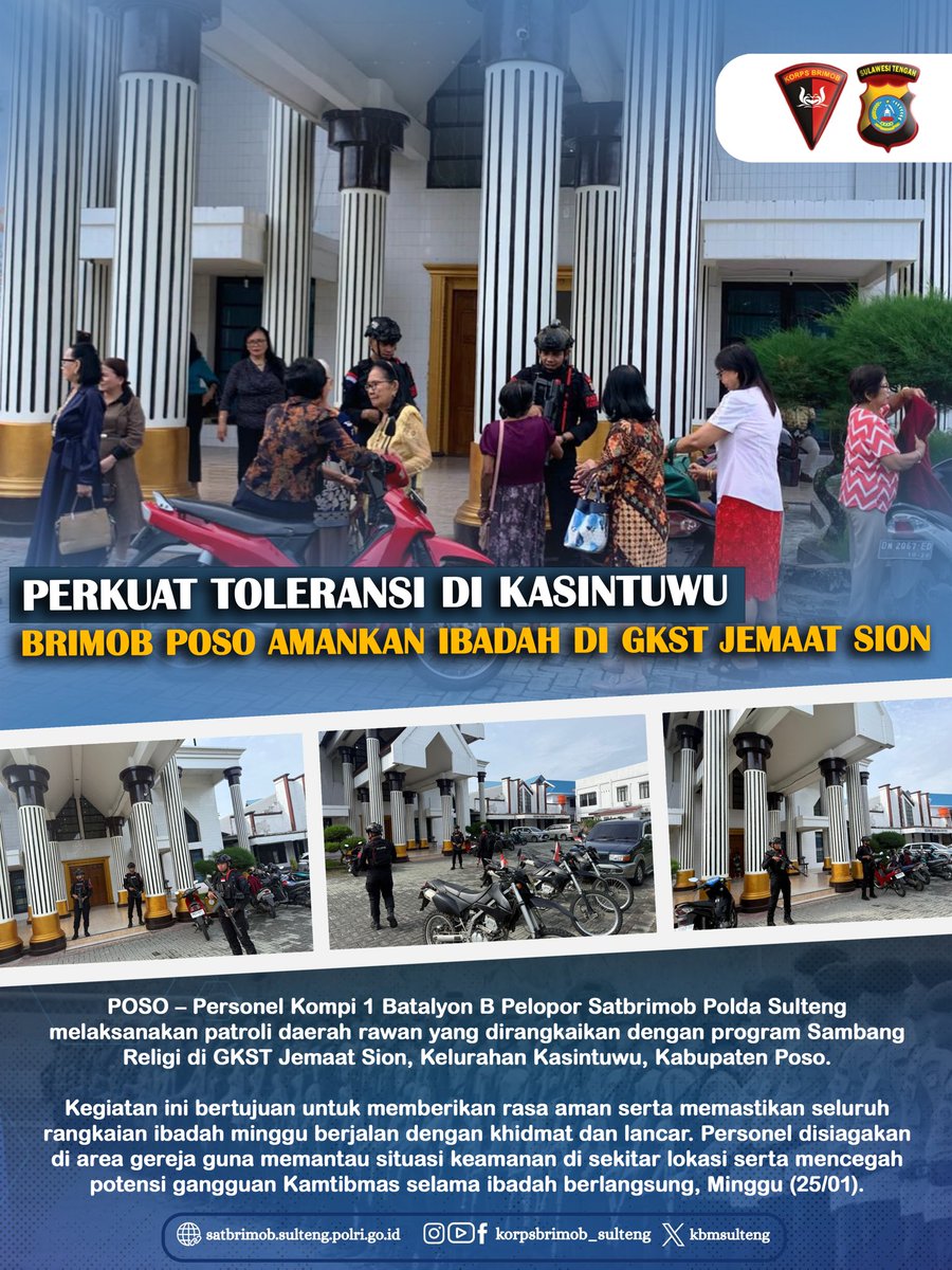 POSO – Personel Kompi 1 Batalyon B Pelopor Satbrimob Polda Sulteng melaksanakan patroli daerah rawan yang dirangkaikan dengan program Sambang Religi di GKST Jemaat Sion, Kelurahan Kasintuwu, Kabupaten Poso.