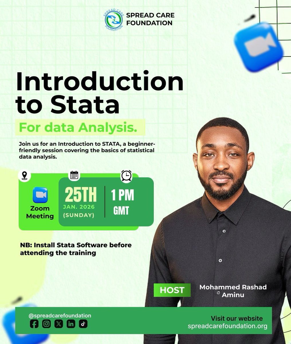 ✨ SPREAD CARE FOUNDATION DATA ANALYSIS TRAINING ✨

Topic: SpreadCare Stata Training Workshop.

Time: Jan 25, 2026  1:00pm
(Today)

Join Zoom Meeting
us05web.zoom.us/j/82834633674?…

Meeting ID: 828 3463 3674
Passcode: 232RZY
