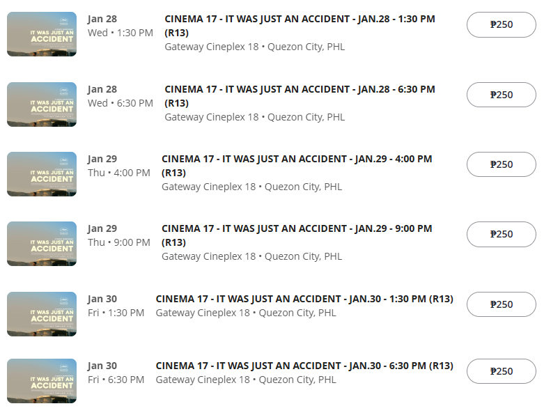 richardmz13's tweet photo. ALL ROADS LEAD TO CUBAO!

LOOK: Screening Schedule for @fdcpofficial presents: A Curation of World Cinema 2026 at Gateway Cineplex 18

📷It Was Just an Accident (R13)
🏠Sentimental Value (R13)
🕐Resurrection (R16) 
🪞Sound of Falling (R18) 

#WorldCinema2026  
📸Ticketnet Online https://t.co/6Dep8SL2Nz
