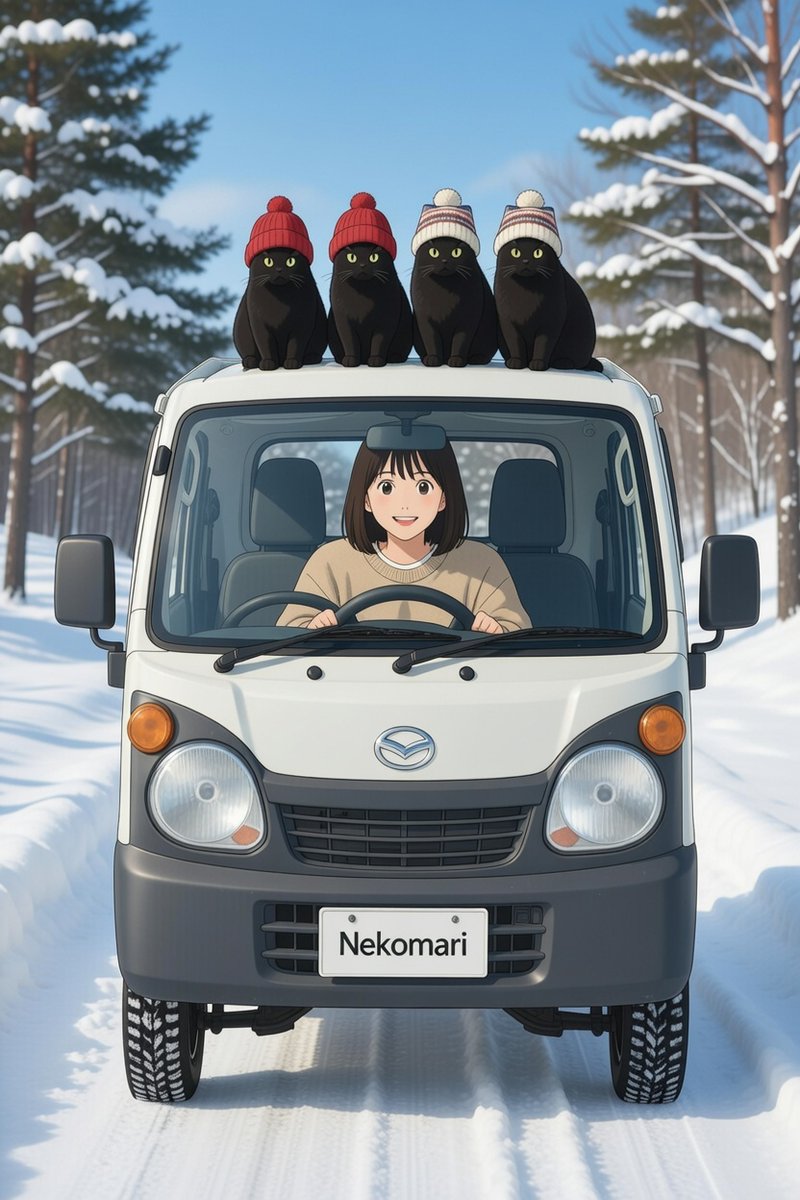 #こんばんは🍀
#いつもありがとうございます🙇‍♀️
#良い夕べをお過ごしください🙋‍♀️🍀😺🍀🥰

#新ねこまりの冒険をGrokが描いてくれました
#配送に猫は連れて行きません😂🙋‍♀️

#なぜかハンドルが２つある😹
#運転席真ん中😹😹
#スクラム？😸
#実際はハイゼット😸🙆‍♀️