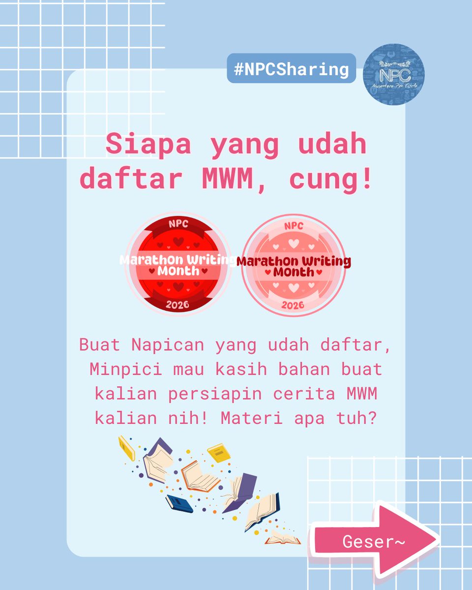 wattpad_npc2301's tweet photo. MWM sebentar lagi, persiapannya udah mateng belum? 🤭
Jangan sampai semangat di awal, tapi kemudian stuck karena kurang persiapan. Sini merapat! Minpici mau bagi-bagi materi biar nulisnya di MWM nanti makin lancar!
#EventMenulis #MWMNPC #NPCEvent #GrupKepenulisan https://t.co/uerM5p4mPg