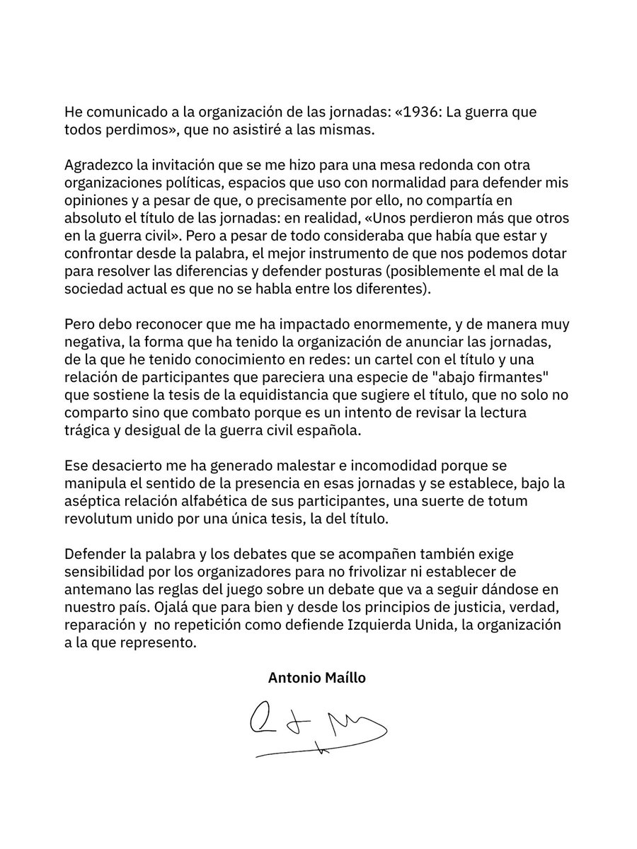 He comunicado que no participaré en las jornadas «1936: La guerra que perdimos», a las que he sido invitado.

Aquí explico las razones 👇