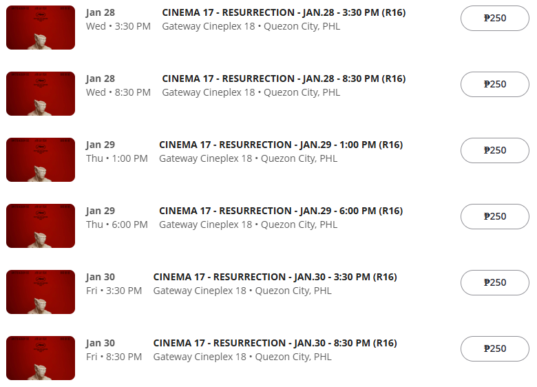 richardmz13's tweet photo. ALL ROADS LEAD TO CUBAO!

LOOK: Screening Schedule for @fdcpofficial presents: A Curation of World Cinema 2026 at Gateway Cineplex 18

📷It Was Just an Accident (R13)
🏠Sentimental Value (R13)
🕐Resurrection (R16) 
🪞Sound of Falling (R18) 

#WorldCinema2026  
📸Ticketnet Online https://t.co/6Dep8SL2Nz