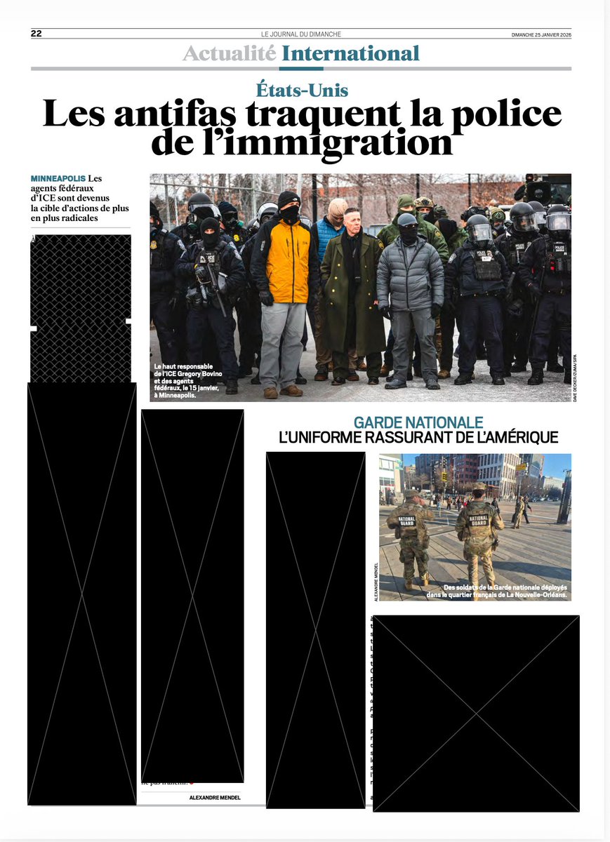 Dans Le JDD du jour, 8 pages font l'éloge de Trump et humilient l'Europe. La dernière vante les mérites de ICE, la milice qui vient de commettre un deuxième meurtre à Minneapolis. Les véritables ennemis de l'intérieur qui menacent notre pays, ce sont les médias Bolloré.