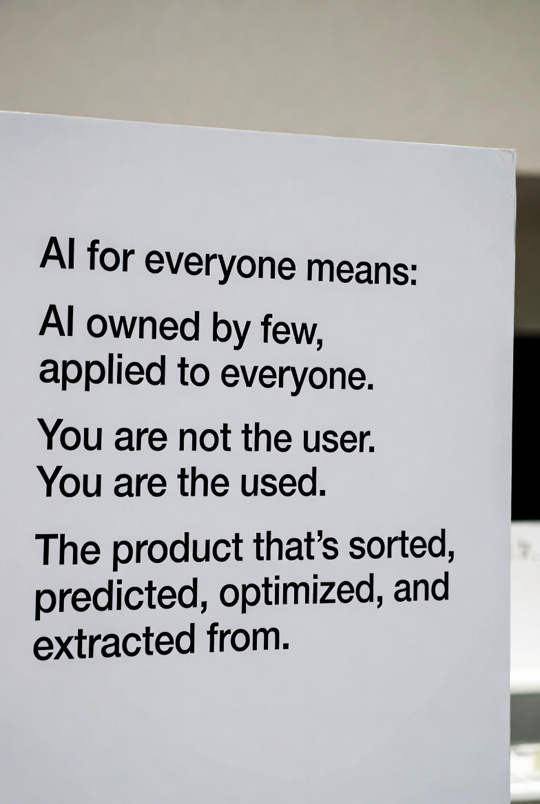 The open secret:

"AI for everyone" means: AI owned by few, applied to everyone.

You are not the user.

You are the used.

The product that's sorted, predicted, optimized, and extracted from.