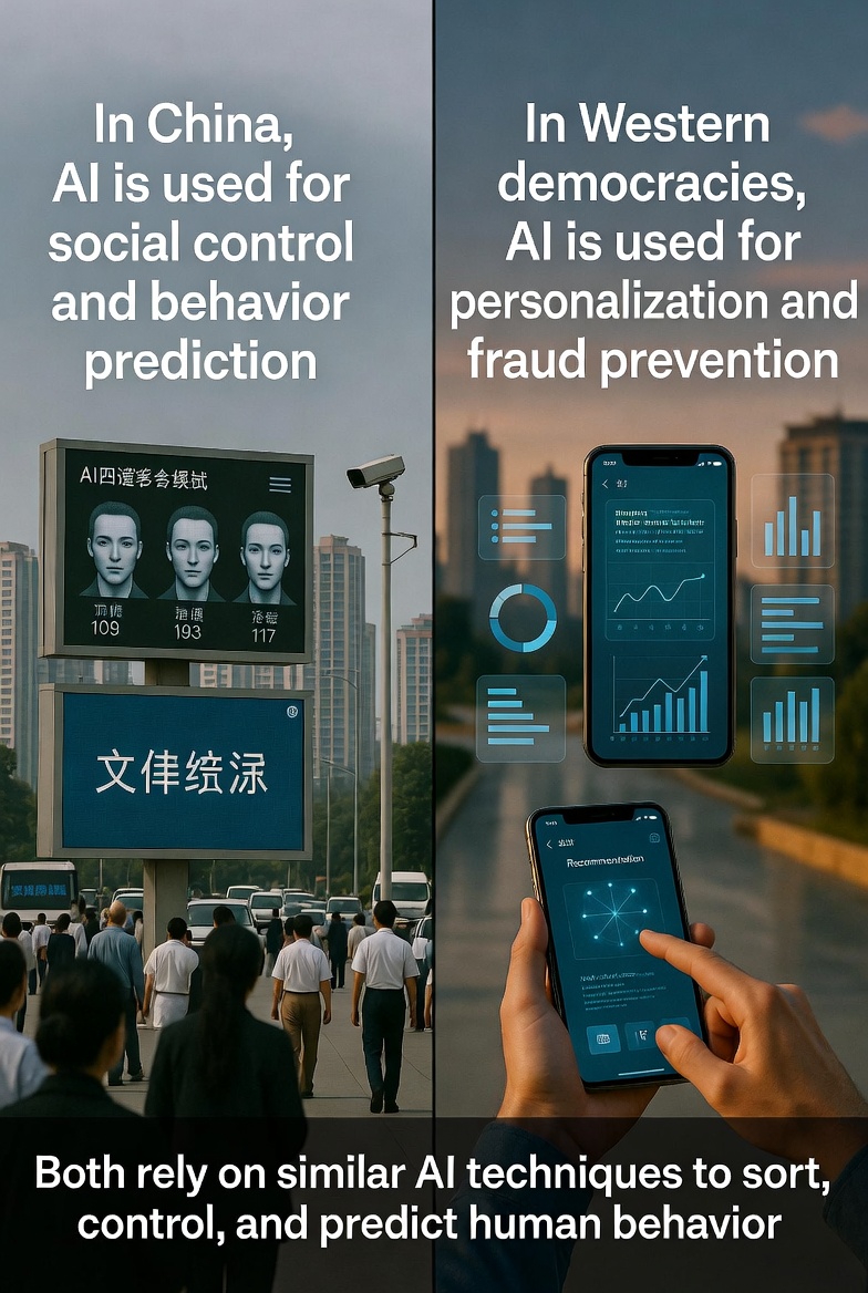 What's happening RIGHT NOW:

China: social credit, facial recognition, behavior prediction — built on AI from these same techniques.

Western democracies: same tools, different branding. "Personalization." "Recommendation." "Fraud prevention."

Same function: sorting humans.