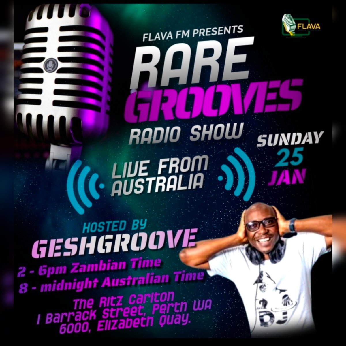 geshgroove's tweet photo. My world Famous #RareGrooves radio show on @flavaradioandtv is live from Perth,Australia at the @RitzPerth from 2 - 6 PM Zambian time, 8 PM to Midnight Perth time. #KopalasMostLoved ##WeCanBroadcastFromAnywhere https://t.co/0MPtMihaya