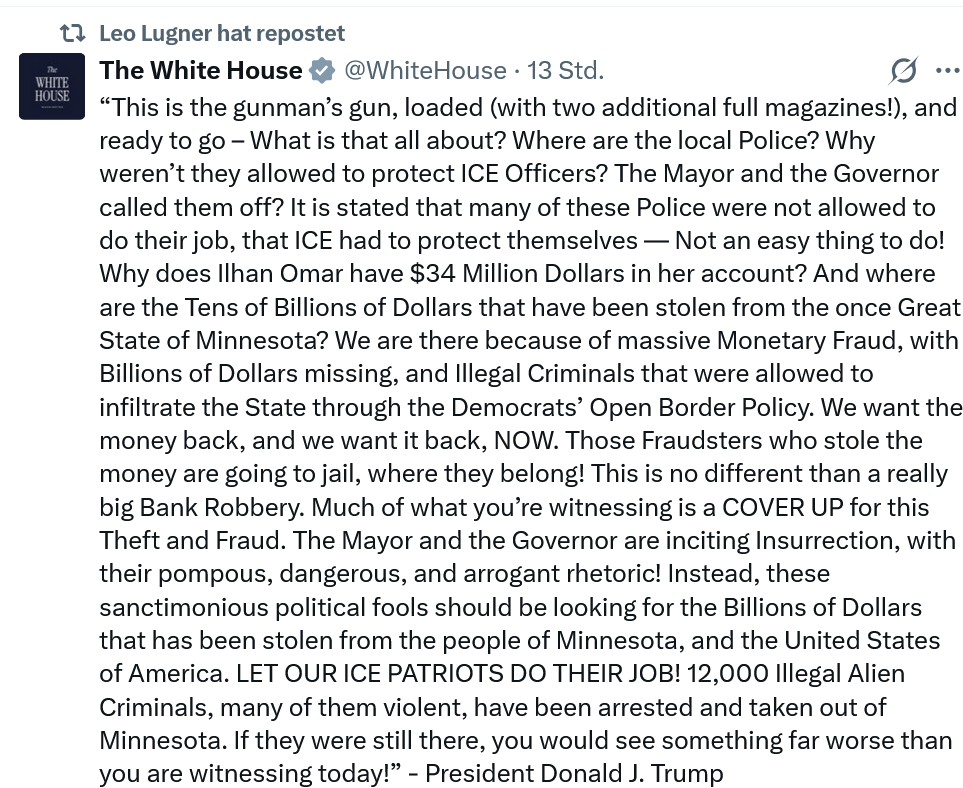 FPÖ-Mann Lugner verteidigt offenbar die Vorgangsweise des ICE, US-Bürger auf der Strasse zu erschiessen.
Erschreckend.