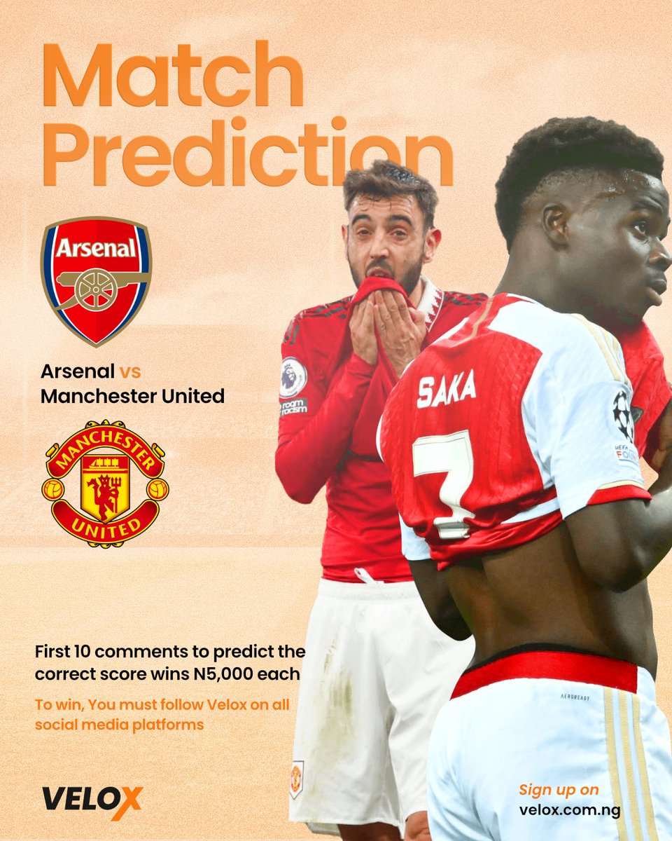 VeloXchange's tweet image. 🔥 Matchday Prediction Time! 🔥

Arsenal 🆚 Manchester United ⚽️
Drop your correct score prediction in the comments 👇

🎯 First 10 people to get it right win ₦5,000 each
✅ Make sure you’re following Velox on all social platforms

Let’s see who really knows ball 😎 #football