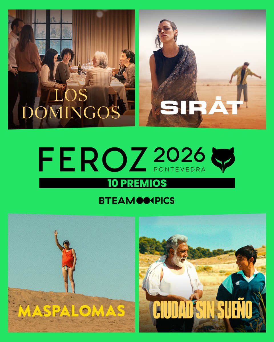 BTeamPictures's tweet photo. Asimilando los 10 Premios Feroz de anoche a nuestros títulos 🥹

#LosDomingos❤️‍🔥, 5 Premios Feroz
#SIRĀT🔥, 2 Premios Feroz
#Maspalomas 🏳️‍🌈, 2 Premios Feroz
#CiudadSinSueño ✨, 1 Premios Feroz

Estos premios son de todas las personas que están detrás de cada película. De las caras visibles y de las no tan visibles.

¡Qué suerte estar tan bien rodeados! 🥹🤩

#PremiosFeroz2026