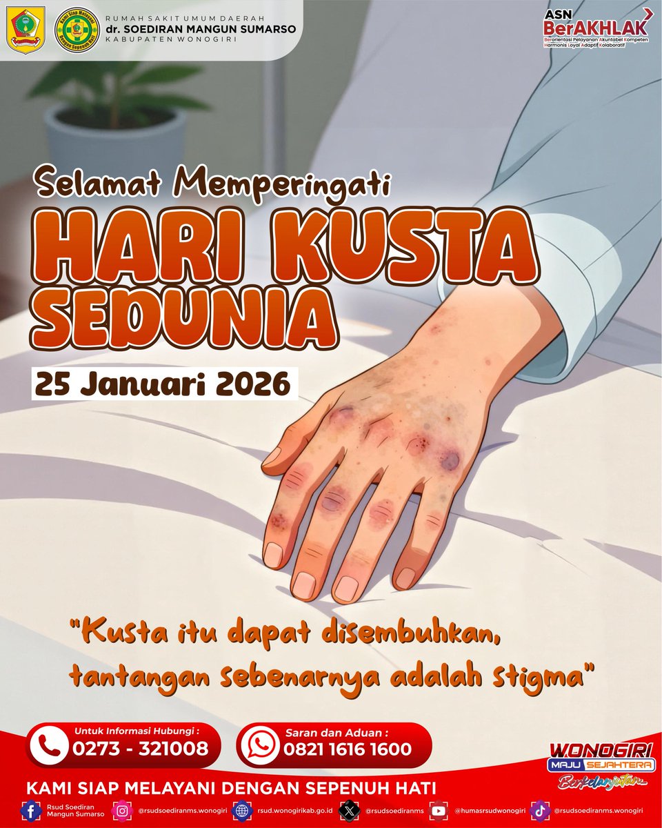 Selamat Memperingati Hari Kusta Sedunia, 25 Januari 2026.
Mari kita jadikan momentum ini untuk meningkatkan kesadaran bahwa kusta bukanlah penyakit kutukan atau hal yang harus ditakuti secara berlebihan. Dengan deteksi dini dan pengobatan yang tepat, kusta dapat disembuhkan total