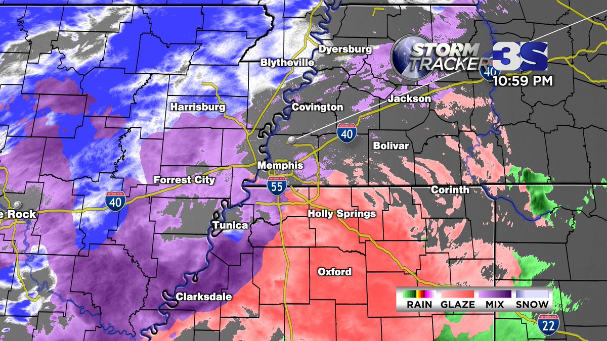 11:05PM Saturday: Concerning radar trends across parts of northern Mississippi late this evening. HEAVY freezing rain (pink) enveloping several counties. Oxford Utilities now reporting over 800 outages as of 11pm. This will only get worse through the night.