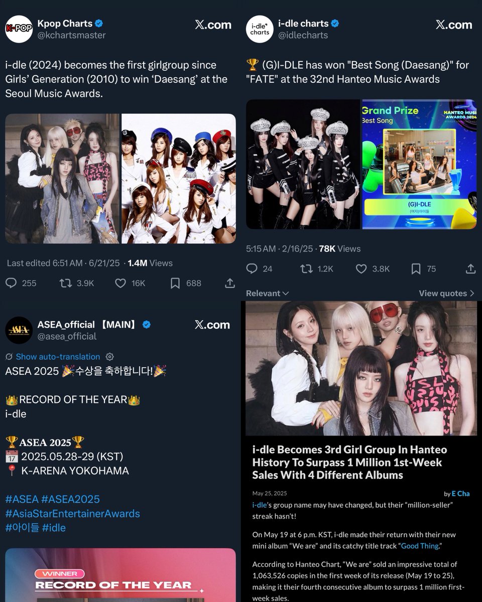 1. i-dle won the Seoul Music Awards Daesang in 2025, the 1st girl group in 14 years since SNSD (2010).

2. Won SOTY &amp; ROTY at the 32nd Hanteo Music Awards &amp; ASEA 2025.

3. 3rd girl group in Hanteo history to surpass 1 million 1st-week sales with 4 different albums.

There’s a