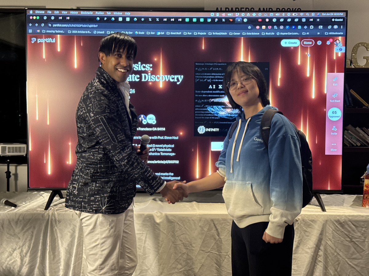 AGIHouseSF's tweet photo. Our winners tonight:

🥇Jehan Azad (atvbt DOT com) and Anya @quantumanya were awarded 1st prize for Super Heavy Element Nucleosynthesis in Fusion Reactors

🥈Dom @domsteil was awarded 2nd prize for Gravity Research AI Network

🥉Klu Karen awaarded 3rd prize for Physics Sentinel https://t.co/HmtqDyHzHT