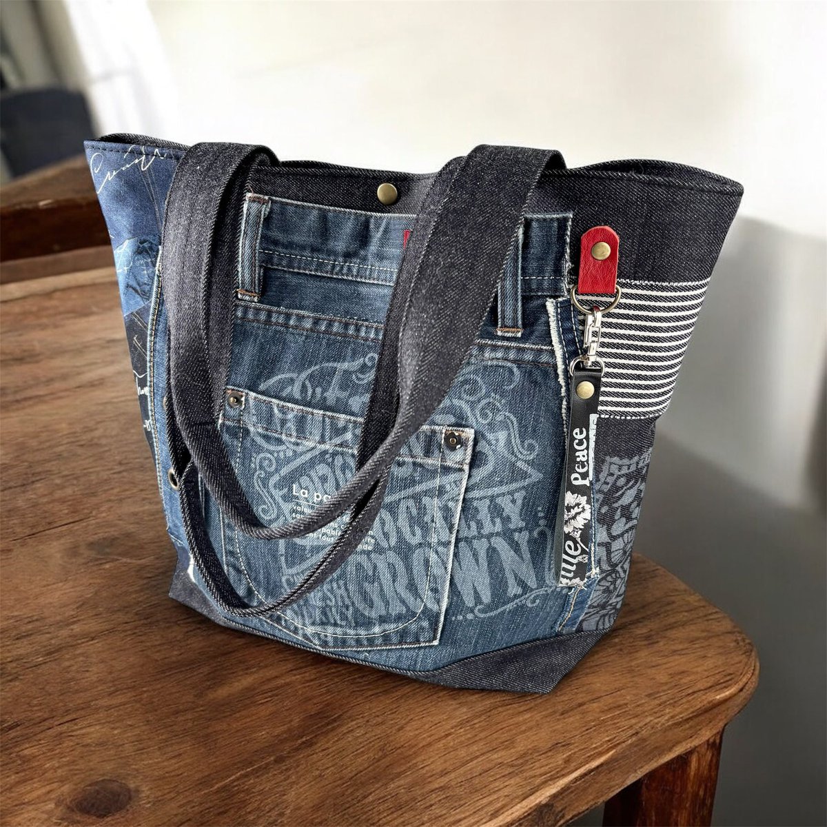 デニムパッチワークトートバッグ