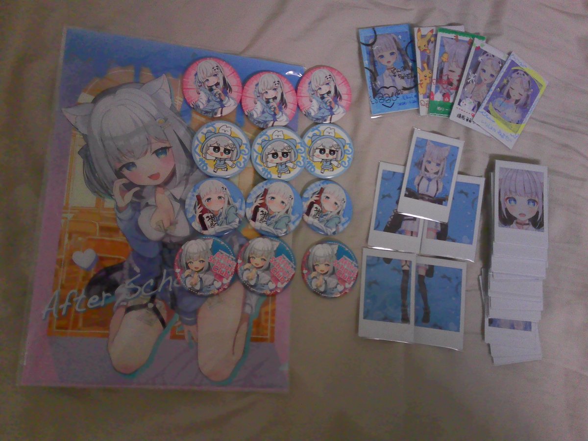 改めて戦利品の整理！ クリアファイル1個、缶バッジ4種×3個、チェキ30