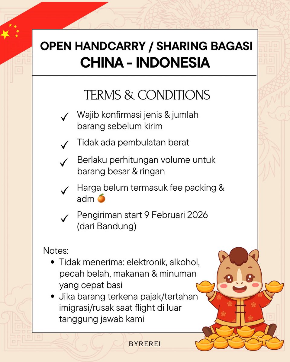 OPEN HANDCARRY HC JASTIP BAGASI CHINA

📍Shandong - Bandung
✈️ ETA 8 Februari 2026
💰230/gram; paperbased 4k/pcs

✅ fee fee wh &amp; foto arrived
✅ bisa bantu co taobao, 1688, xianyu, pdd
max terima: 5 Februari 2026

📩 LINE: line.me/ti/p/rTRo2eH4TN
💬 WA: bit.ly/wa-gbi