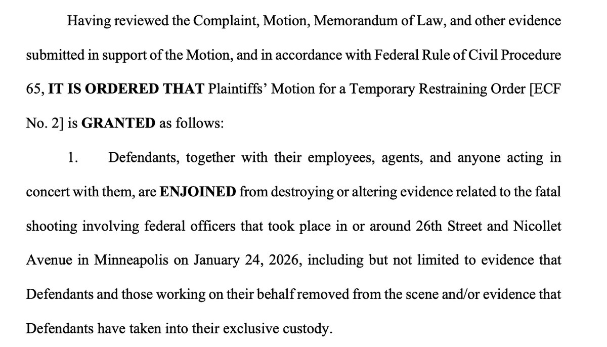 BREAKING: Judge Tostrud -- a Trump appointee — has quickly granted a restraining order, barring the administration from "destroying or altering evidence" taken from today's shooting. storage.courtlistener.com/recap/gov.usco…