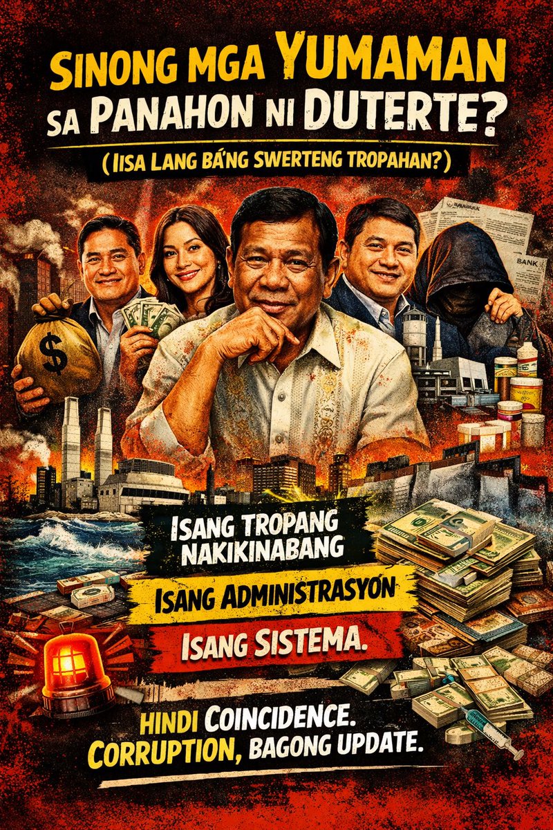 “Hindi tayo pinanganak kahapon.”

Sinong mga Yumaman sa Panahon ni Duterte?

(O: “Nagkataon lang ba? Sige, lokohin natin ang sarili natin.”)

Hindi bawal yumaman.
Pero ibang usapan kapag sabay-sabay silang yumaman,
iisa ang tropa,
iisa ang pinanggalingan ng pira,
at iisa ang