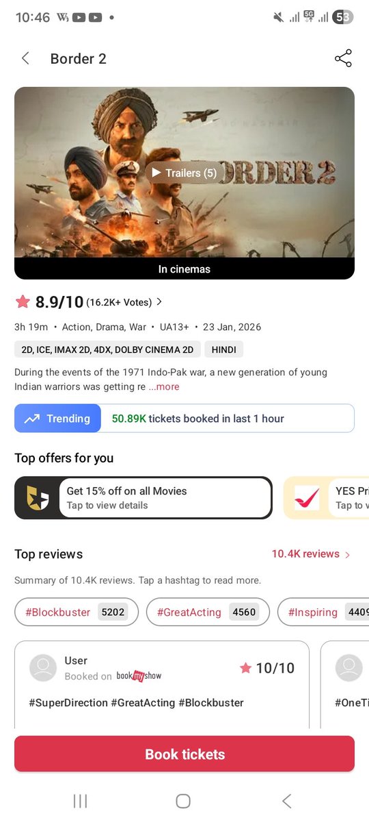 EekHum's tweet image. Its 10.47 Am now 
The rampage of border 2 🔥  🔥  🔥 
Sunday 50 cr plus
#Border2fire