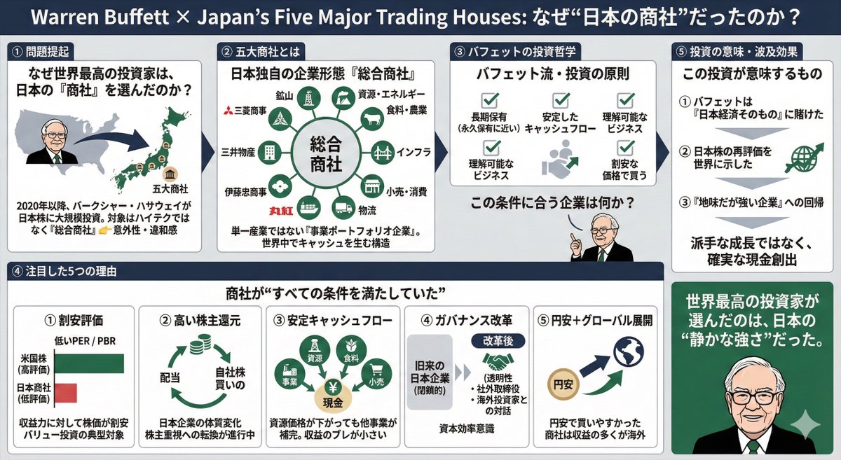 【　ウォーレン・バフェットはなぜ日本の商社株を大量保有するのか？　】

なぜバフェットは商社株を大量保有したのか？　自らのビジネスの展開に近い考え方が商社にあったことが理由です。

商社各社は世界各地にさらにはさまざまな収益を分散化させることができているのです。